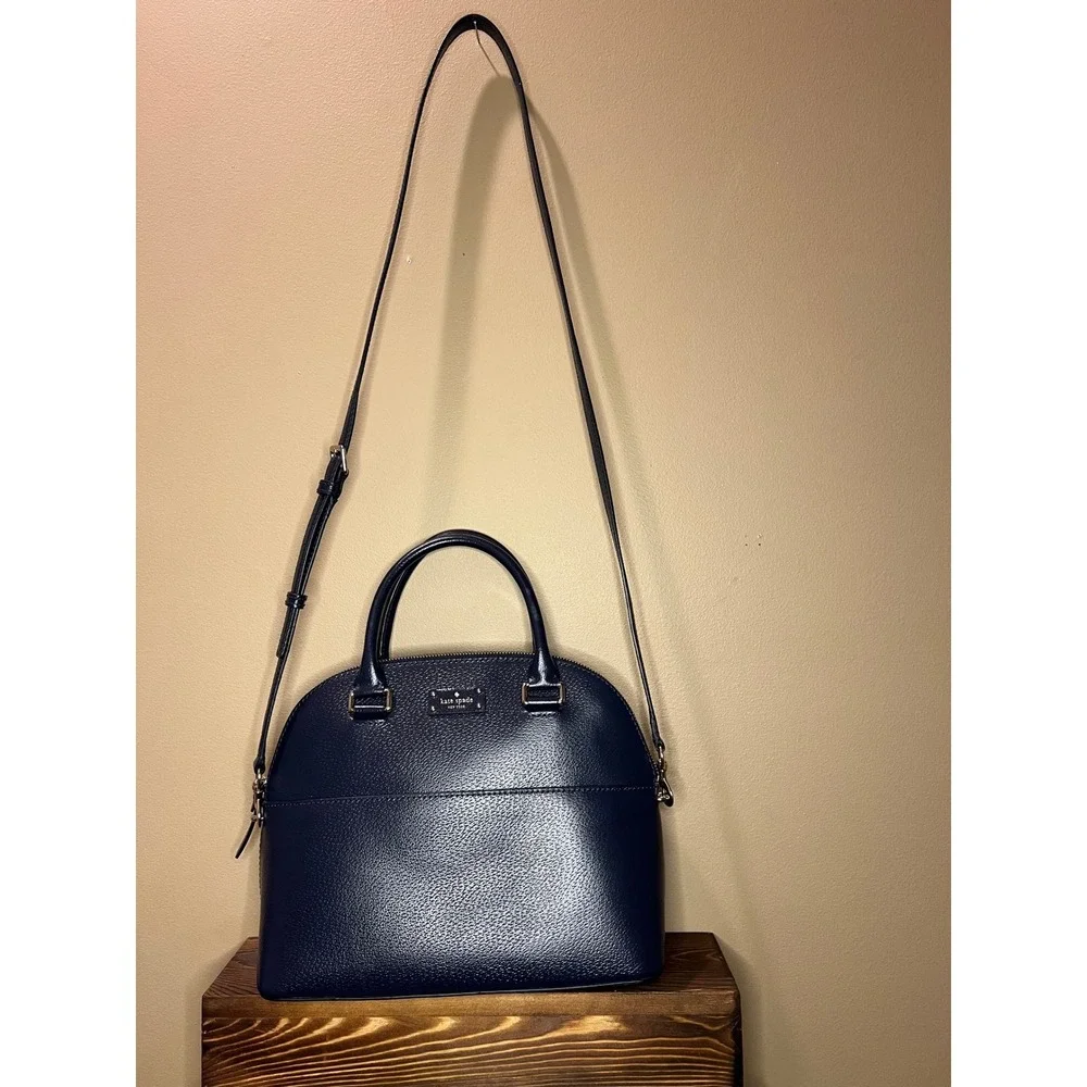 Kate Spade Navy Leather Satchel Top Handle Crossbody Bag Classic Structured Purs